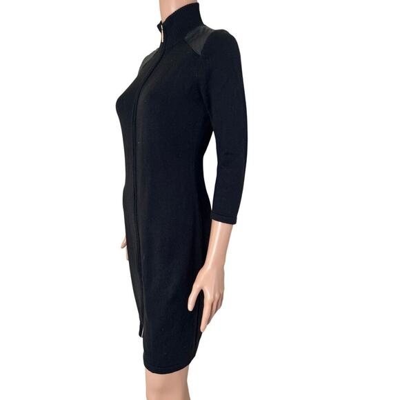 Calvin Klein Black Full Zip Sweater Dress Leather quilted Shoulders gold SZ SM - Picture 3 of 8